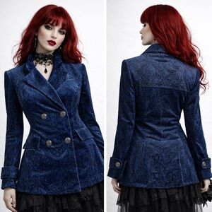 RUNWAY NY Paisley Print Velvet Classic Double Breasted Pea Coat Jacket Blue S